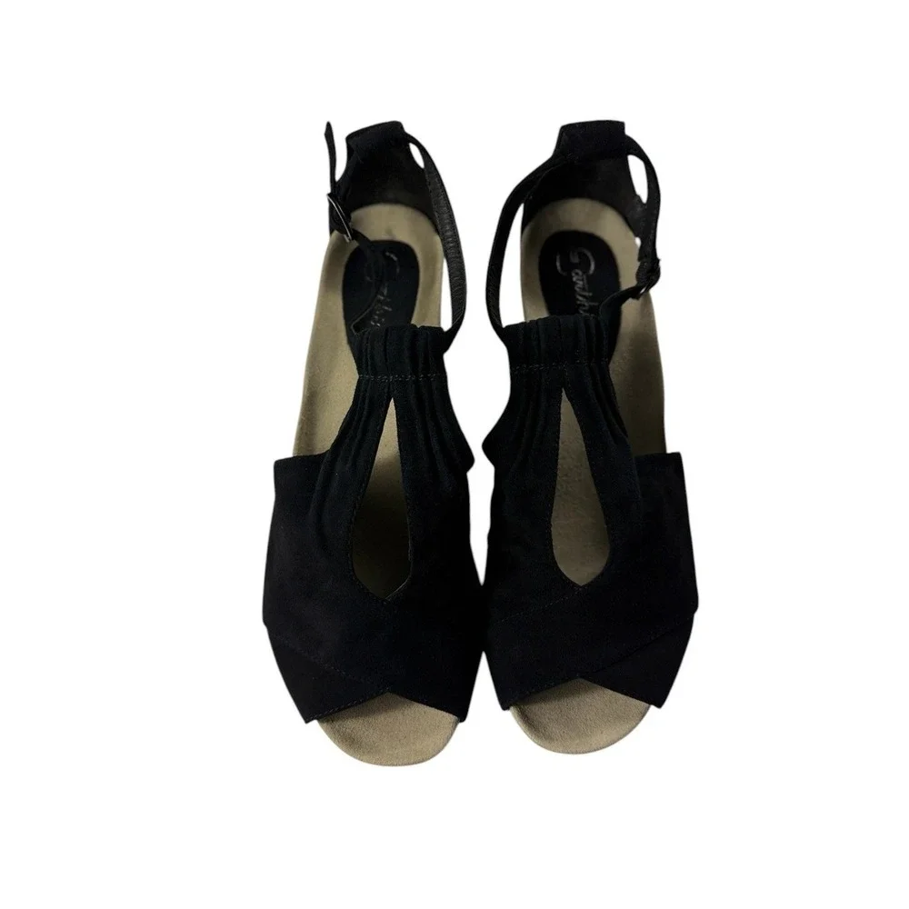 Earthies Veria Black Kid Suede Peep Toe Block Heel Sandals Womens 10B 800022WSDE